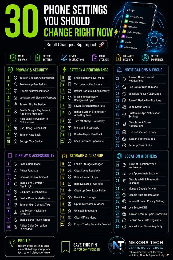 maxpostingx's tweet photo. **Tech companies leave your phone optimized to track your data and drain your battery**

while privacy experts quietly change these thirty default settings on day one so steal the master checklist today. https://t.co/4kSLhKyzSO