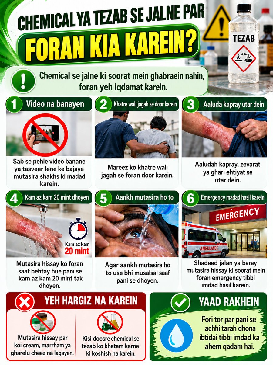 DrFahim_'s tweet photo. Chemical Ya Tezab Se Jalne Par Foran Kya Karein? | Zaroori First Aid Tips
#FirstAid #ChemicalBurn #AcidBurn #BurnSafety #EmergencyTips #SafetyAwareness #HealthTips #FirstAidTips #StaySafe #Explore https://t.co/IGe7s76q6g