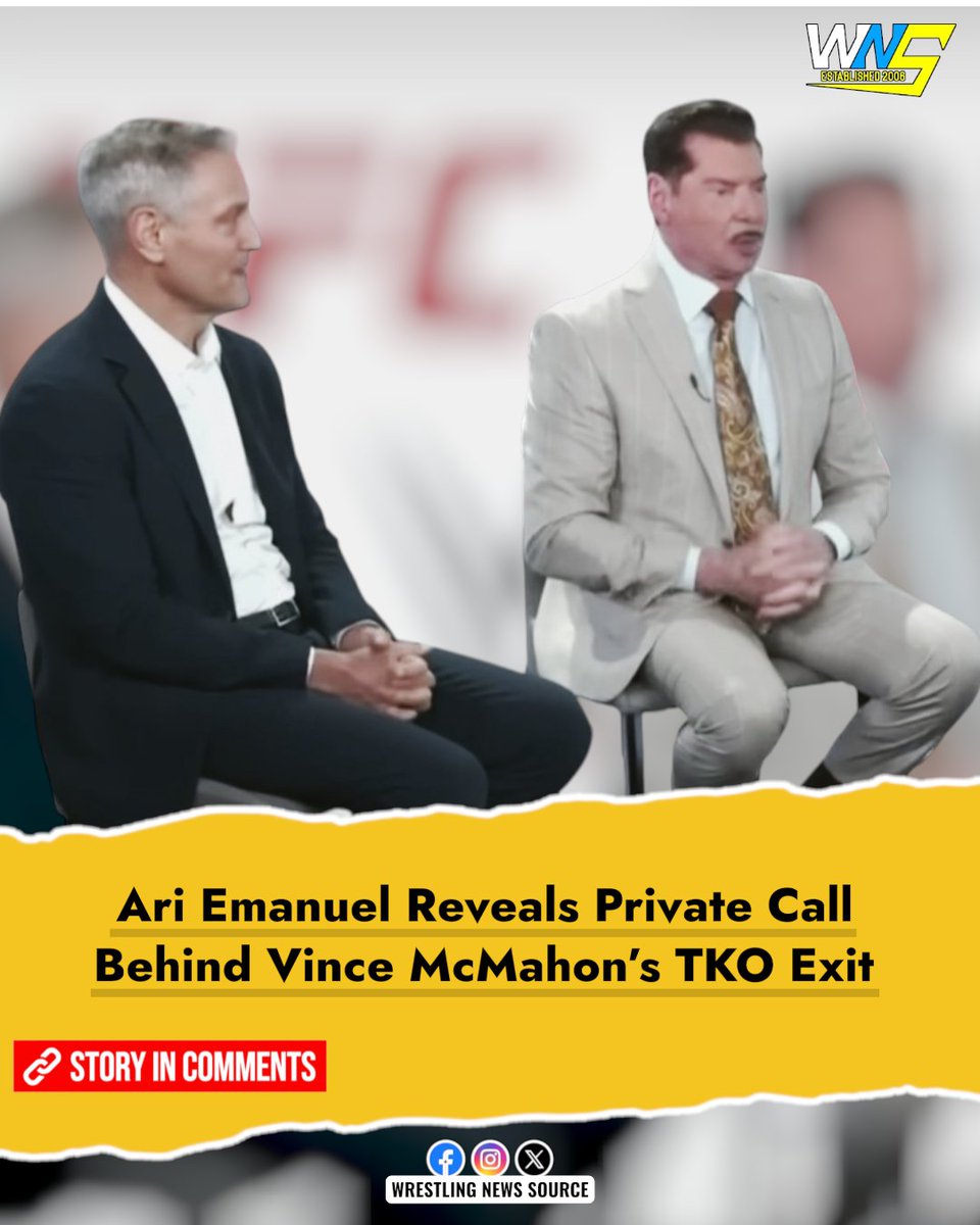WNSource's tweet photo. Ari Emanuel has shared his account of the private phone call that led to Vince McMahon stepping down from TKO in January 2024.

READ MORE @ WNS: https://t.co/oP22r2sNvk #WWE https://t.co/LWX3eyPBf6