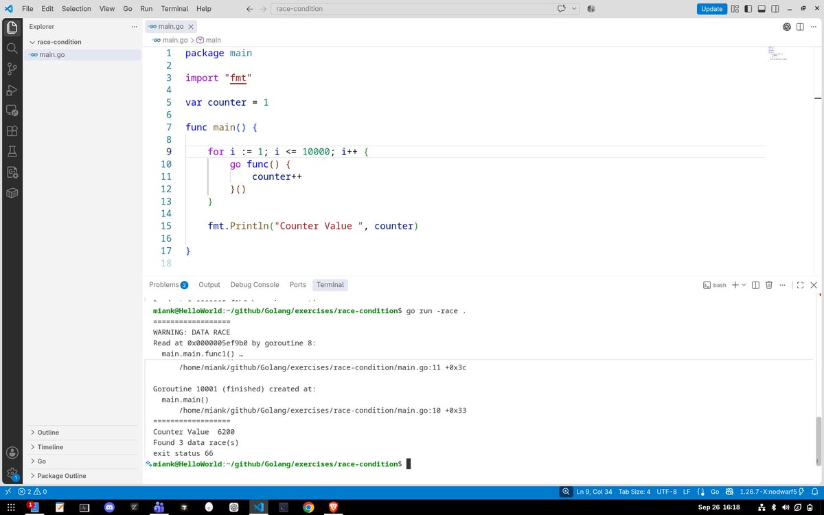 miank1_'s tweet photo. Data race in #golang 
If you're writing concurrent code in Go, make the race detector part of your workflow.
Run:
go run -race .
And for tests:
go test -race ./...

Why?

Your concurrent code might work correctly 99 times and still contain a data race. These bugs depend on timing, which makes them extremely difficult to reproduce and catch manually.
Go's race detector watches for unsafe concurrent access to shared memory and warns you when it detects a race.
It doesn't fix the race—it tells you where to look.
Working output doesn't always mean race-free code.