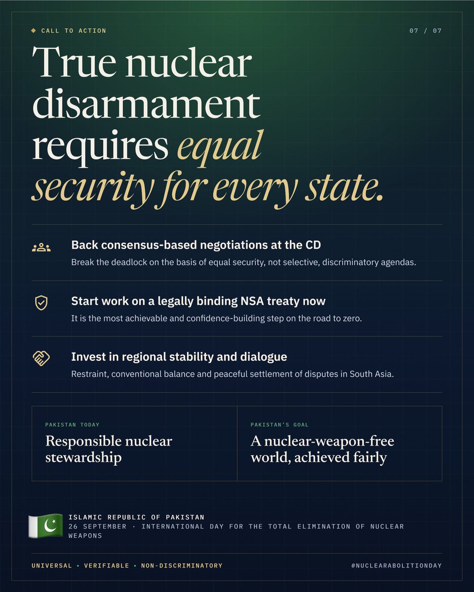 MHBarech's tweet photo. Pakistan continues to advocate a universal, verifiable, and non-discriminatory path while maintaining Credible Minimum Deterrence as a responsible response to the security environment in South Asia.
#Pakistan #NuclearDisarmament #EqualSecurity #StrategicStability https://t.co/axTV8f9LQ5