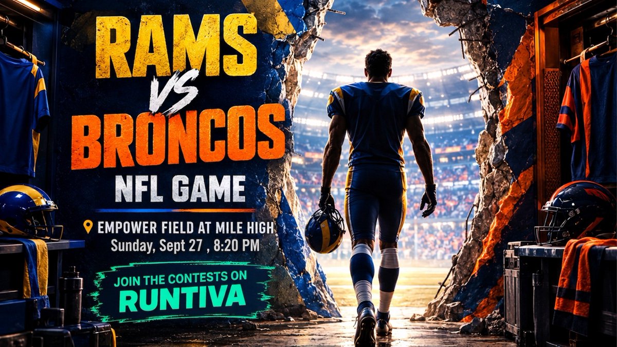 runtiva's tweet photo. Sunday night football action at Empower Field at Mile High! 🏈 The Rams face off against the Broncos this Sunday, Sept 27 at 8:20 PM. Are you ready? Break through the competition, join the contests on Runtiva, and build your winning fantasy lineup now! 👇   Link to join: https://t.co/JOhOyIN3WB

#RamsHouse #BroncosCountry #NFL #Runtiva #FantasyFootball
