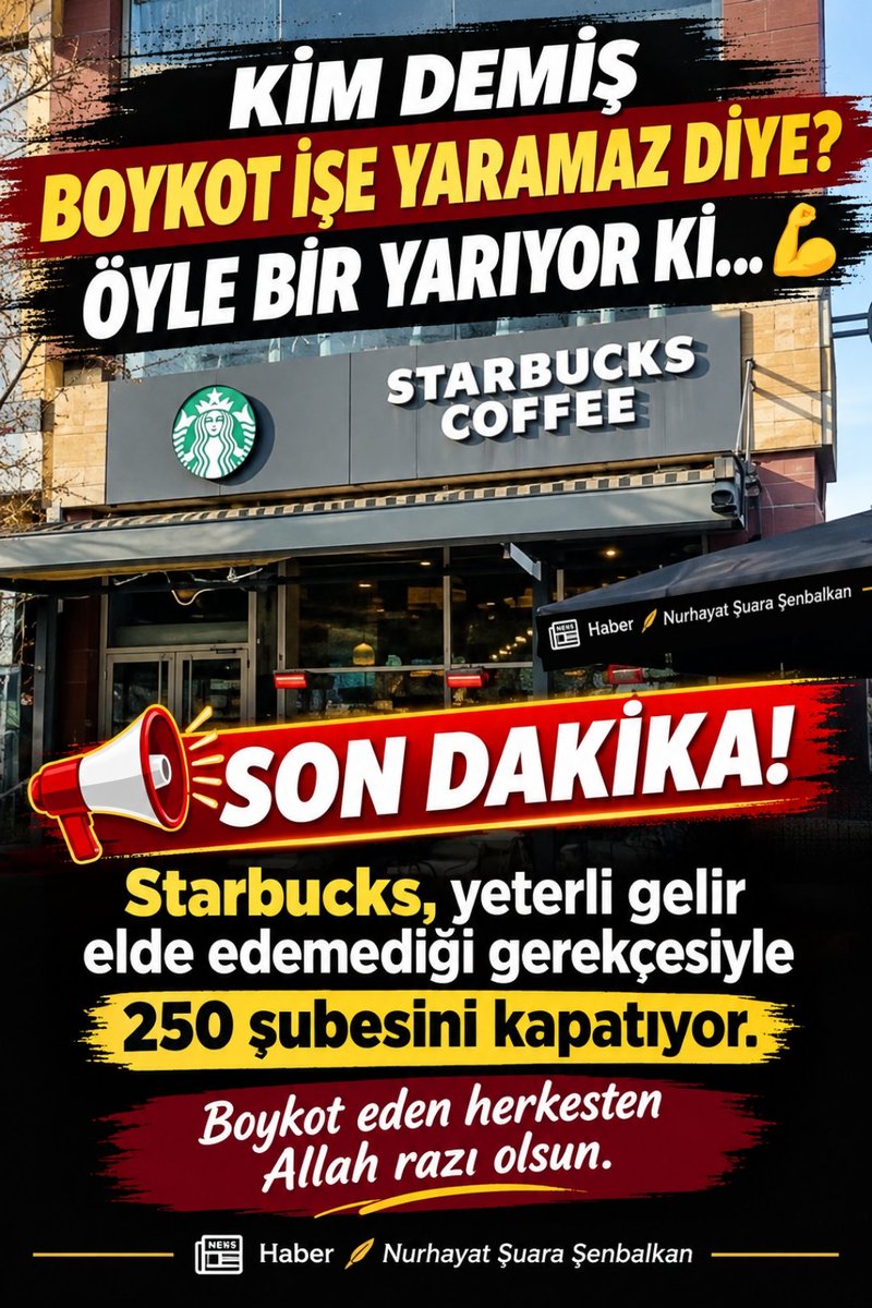 NurhayatSnblkn's tweet photo. KİM DEMİŞ BOYKOT İŞE YARAMAZ DİYE?
İŞTE BOYKOTUN ETKİLERİ ORTAYA ÇIKMAYA BAŞLADI BİLE! 💪
Son dönemde uygulanan boykotların da etkisiyle performans kaybı yaşadığı belirtilen STARBUCKS, yaklaşık 250 mağazasını kapatmak için süreci bu hafta başlatacağını duyurdu.

 #Starbucks https://t.co/edArKHt2Z8