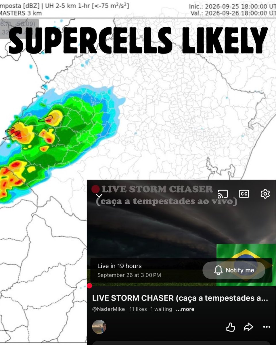 TheNaderMike's tweet photo. Supercells are likely today in western RS, Brazil. Large to very large hail is the main threat. 

I will be LIVE on YouTube covering this starting at 2pm. Be sure to join in. https://t.co/ET9yJf9Rha