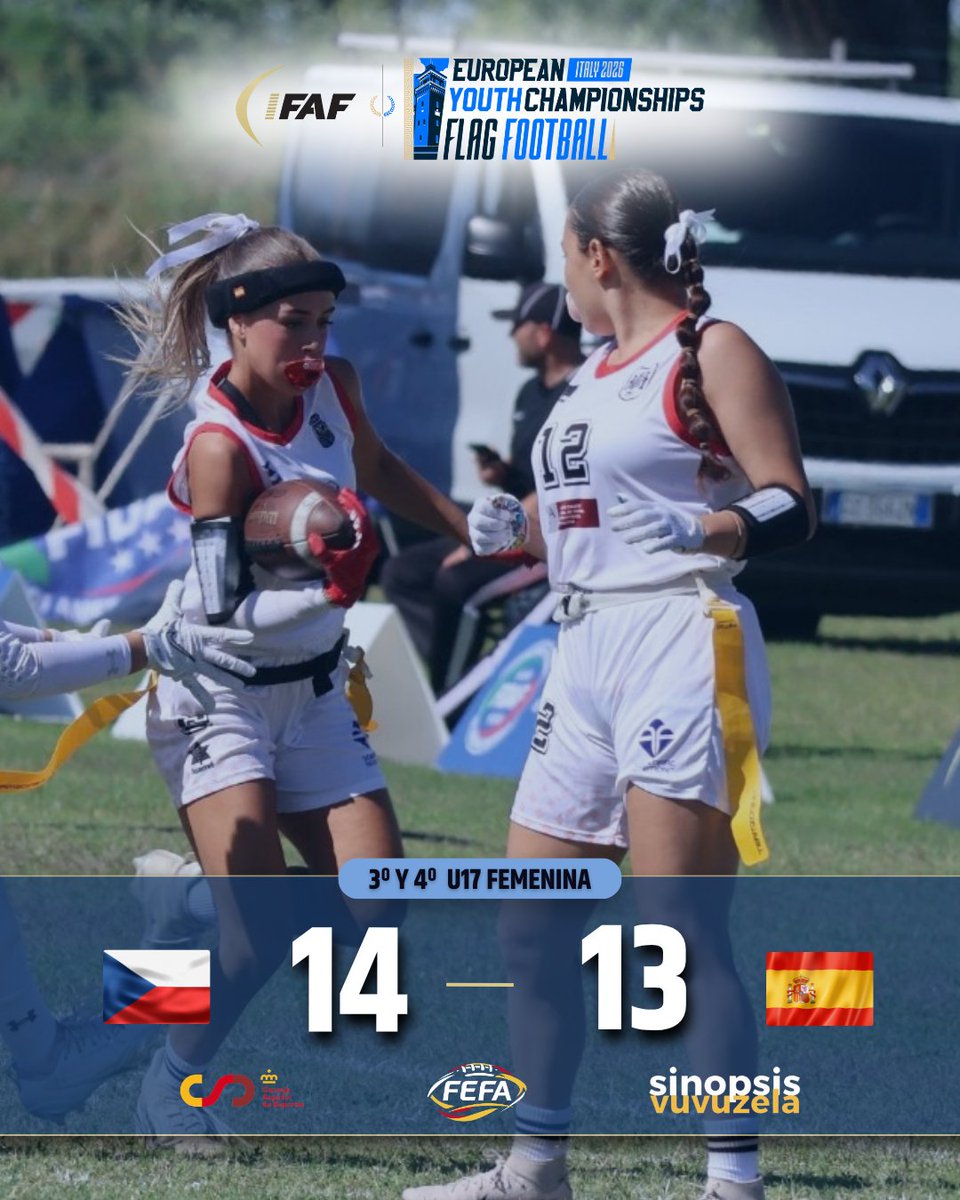 FEFA_Spain's tweet photo. 🇪🇺🏈 Europeo Youth #FlagFootball 2026

¡4️⃣ª PLAZA PARA LA U17 FEMENINA! Como sucedió en semis, un solo punto separó a las nuestras de la gloria. Aún así, ENORME TORNEO. ¡Felicidades!

📱 https://t.co/C4ZeoC7IKh

¡Vamos España! ❤️💛❤️

#ConéctatealFootball🏈 #FEFA #TeamESP #LA2028 https://t.co/UCN4eNMAVY