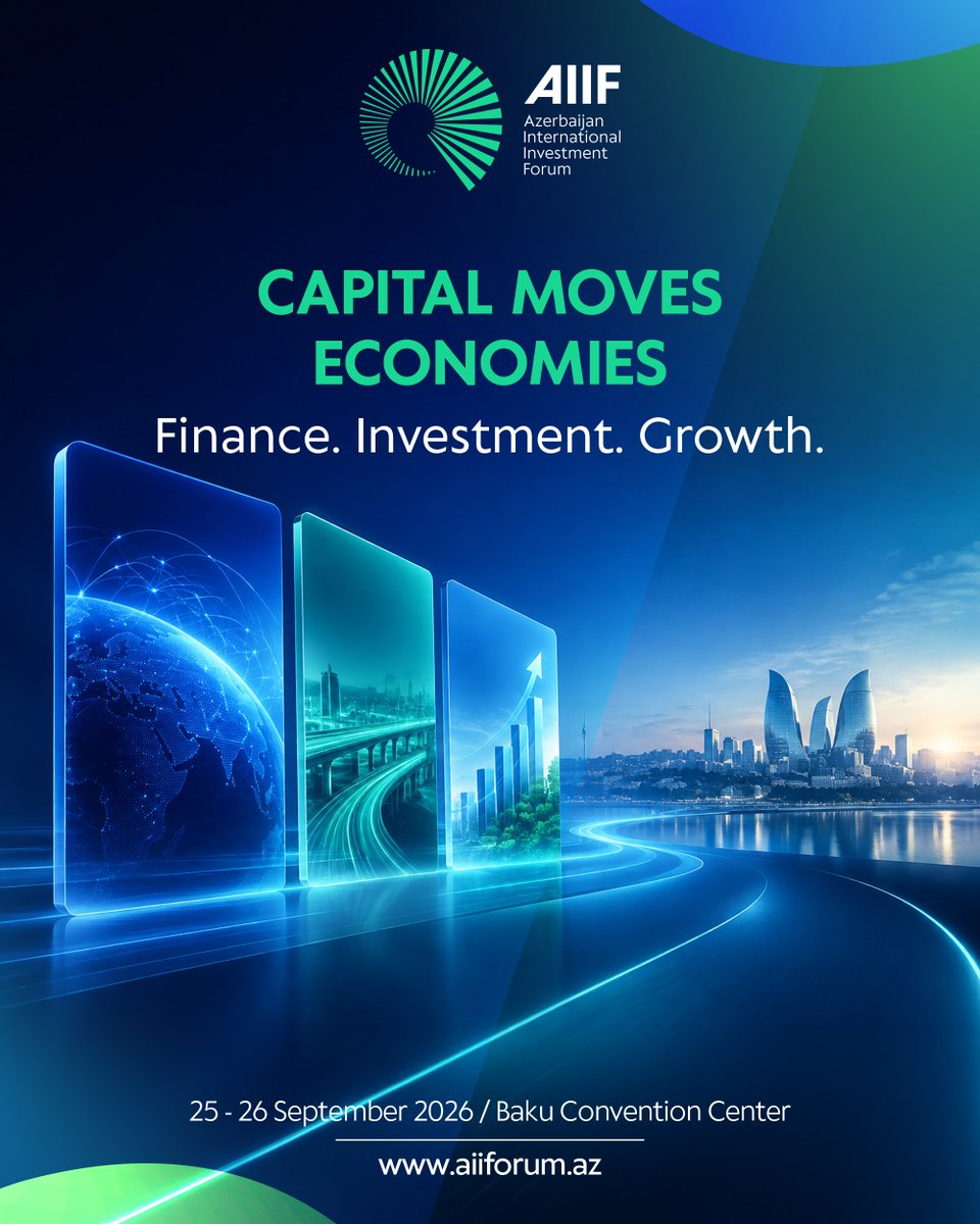 aiiforum_az's tweet photo. Investment needs capital. Growth needs confidence.

At this new stage of the global economy, it is of vital importance to channel capital more effectively into infrastructure, industry, and regional development projects.

AIIF 2026 brings together a range of stakeholders to discuss international financial cooperation, capital flows, and investment opportunities.

Where capital meets opportunity.

#AIIF2026 #Azerbaijan #Investment