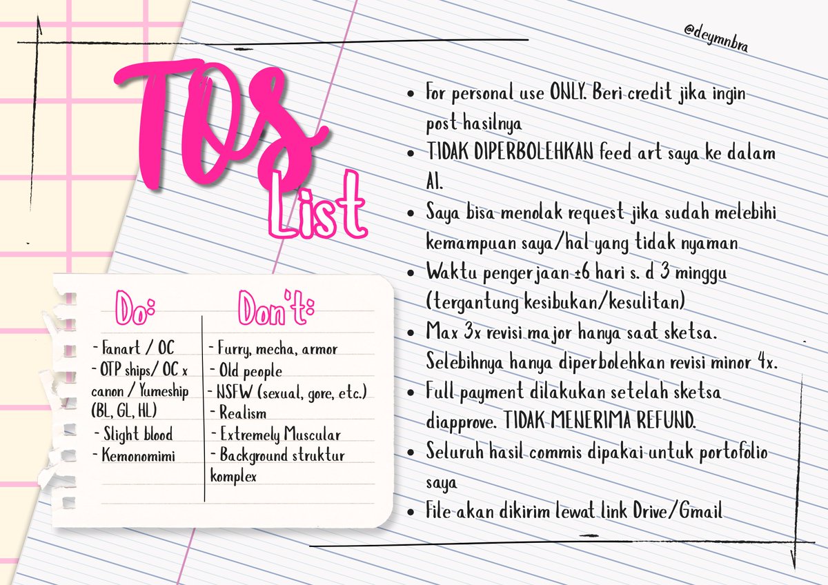 deymnbra's tweet photo. [🩷 &amp; 🔁 are very appreciated!]
Open Commission for Local Only!
Ada promo potongan 15k hanya untuk 2 slot saja! (0/2)

Portfolio, tracklist, etc: https://t.co/ewuZwvDfdv

Jika minat atau ada pertanyaan, bisa dm yaa 🫶 (mention/reply setelah dm)
#zonauang #artidn #commission https://t.co/gQ4CIfkSKH