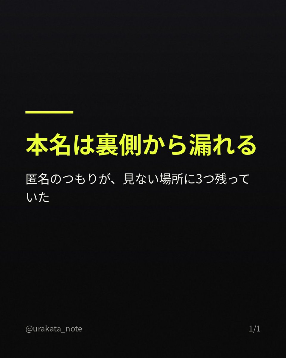 urakata_note's tweet photo. 匿名のつもりで発信していた。でも本名は、書かなかった場所からではな���、見ていなかった場所から漏れていた。問い合わせの返信元、使っているサービスの登録名、予備で使ったURL。自分では気づけない3か所を、AIに点検させて塞いだ。見つけたのはAI、決めて直したのは自分だった。 https://t.co/iFgJczUpOC