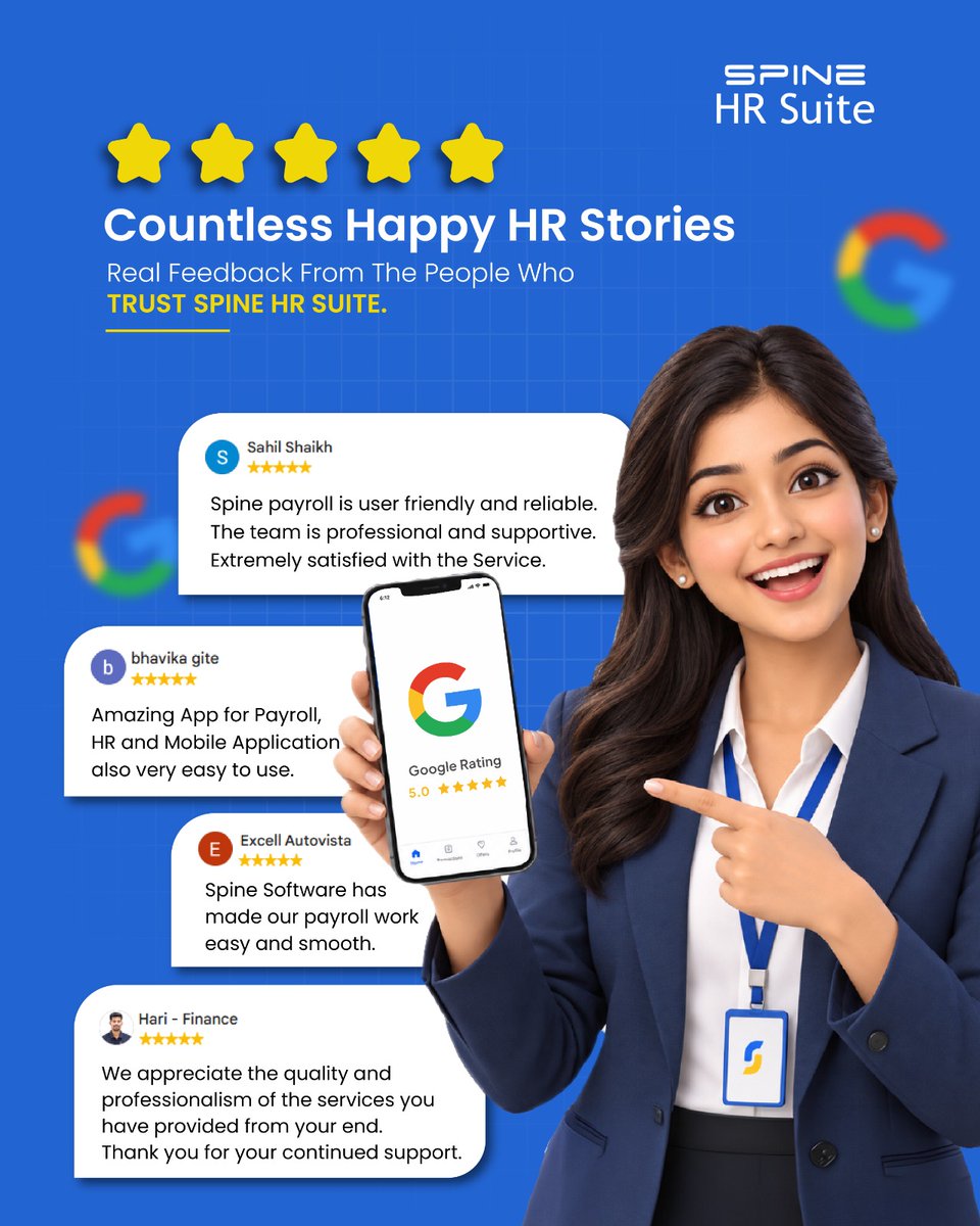 spinetechit's tweet photo. Real feedback from HR teams using Spine HR Suite. From smoother payroll to simpler HR operations and responsive support, discover what makes their everyday experience meaningful.

#SpineHR #HRMS #CustomerReviews #HRTechnology #PayrollSoftware #CustomerTrust https://t.co/9xMXuhxMpz