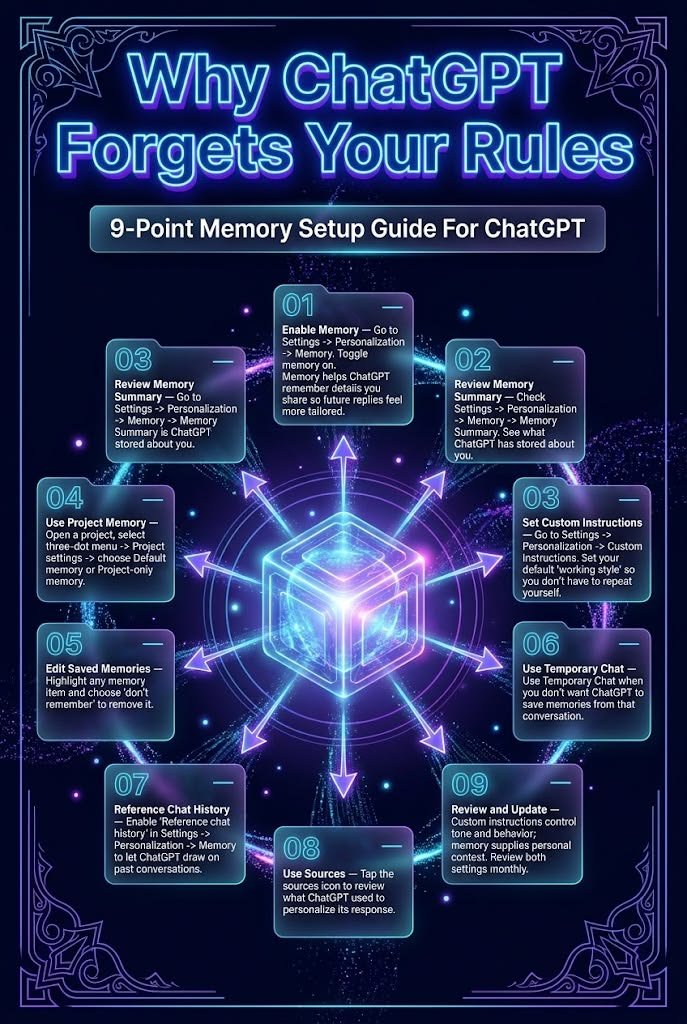 Asadhossaia3xe's tweet photo. ChatGPT works better when you make its memory and preferences work for you. From Memory settings to Custom Instructions, Temporary Chats, and chat history, these simple steps can help make future conversations more consistent and personalized. 🤖✨ https://t.co/KzaDeypBaH