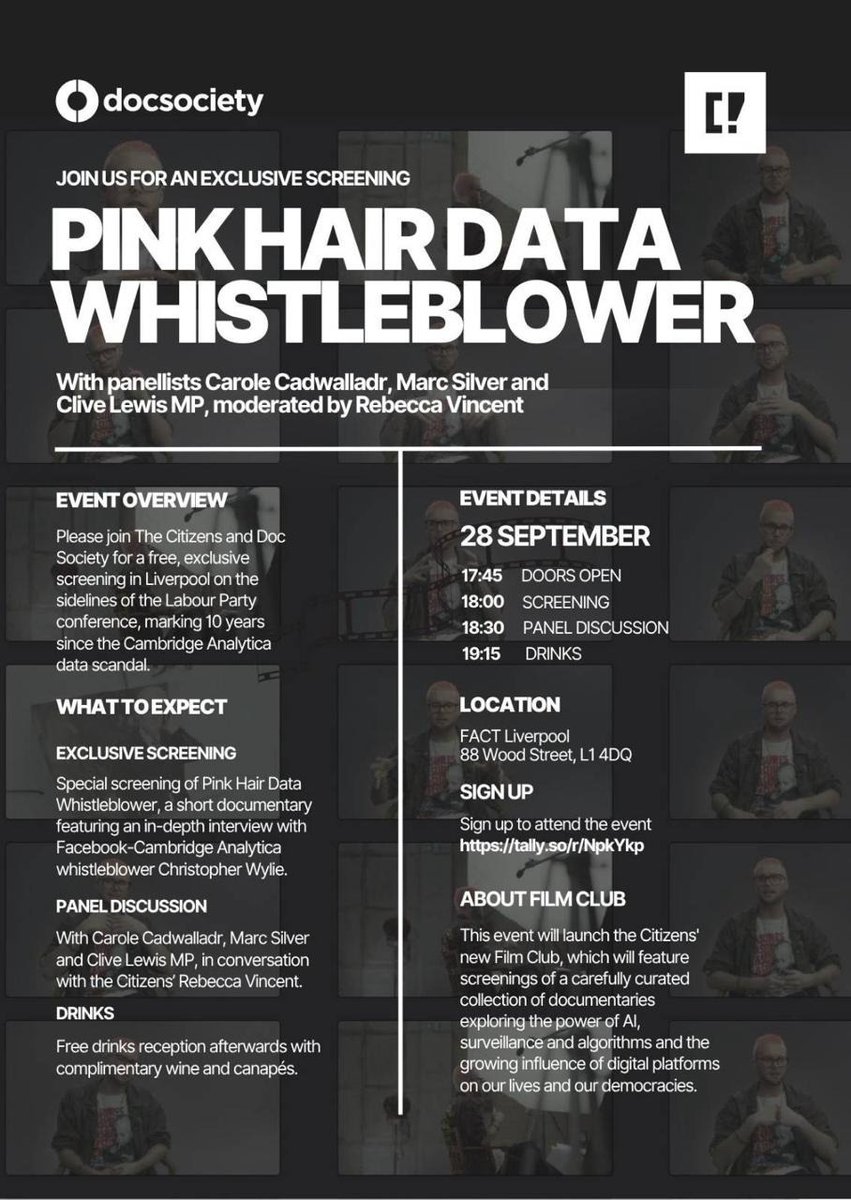 carolecadwalla's tweet photo. If you're at conference and you care about this issue, you need to come to this event on Monday with @labourlewis who's been one of the persistent & outspoken voices on Palantir.

We're going to be discussing how 8 years on from Cambridge Analytica, we've failed as a nation to understand how our personal data can & will be weaponised. And what we now must do. 

Register here: https://t.co/8QgMZwmoqn.