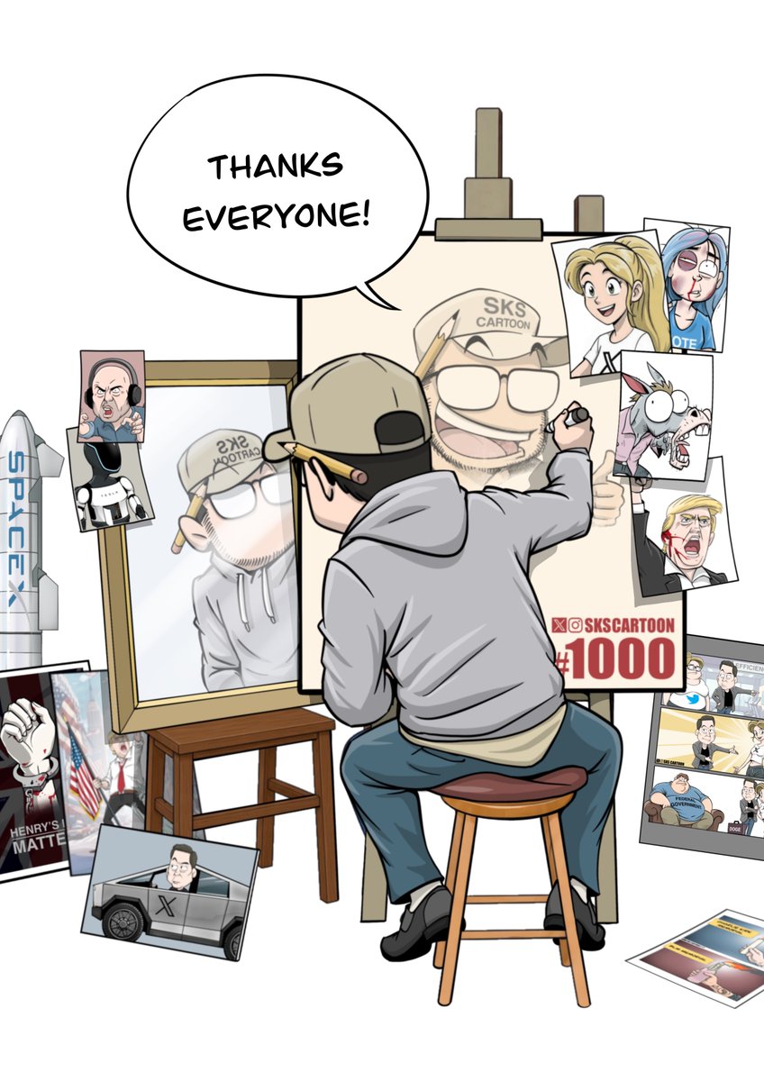 skscartoon's tweet photo. Here we are the 1,000th cartoon! 
Thanks everyone for your support — we’ve come a long way. If X is the newspaper of our era, I’d love to be its editorial cartoonist. 
Also, a little homage to Norman Rockwell, my favorite artist. https://t.co/zmpoxUrSBH