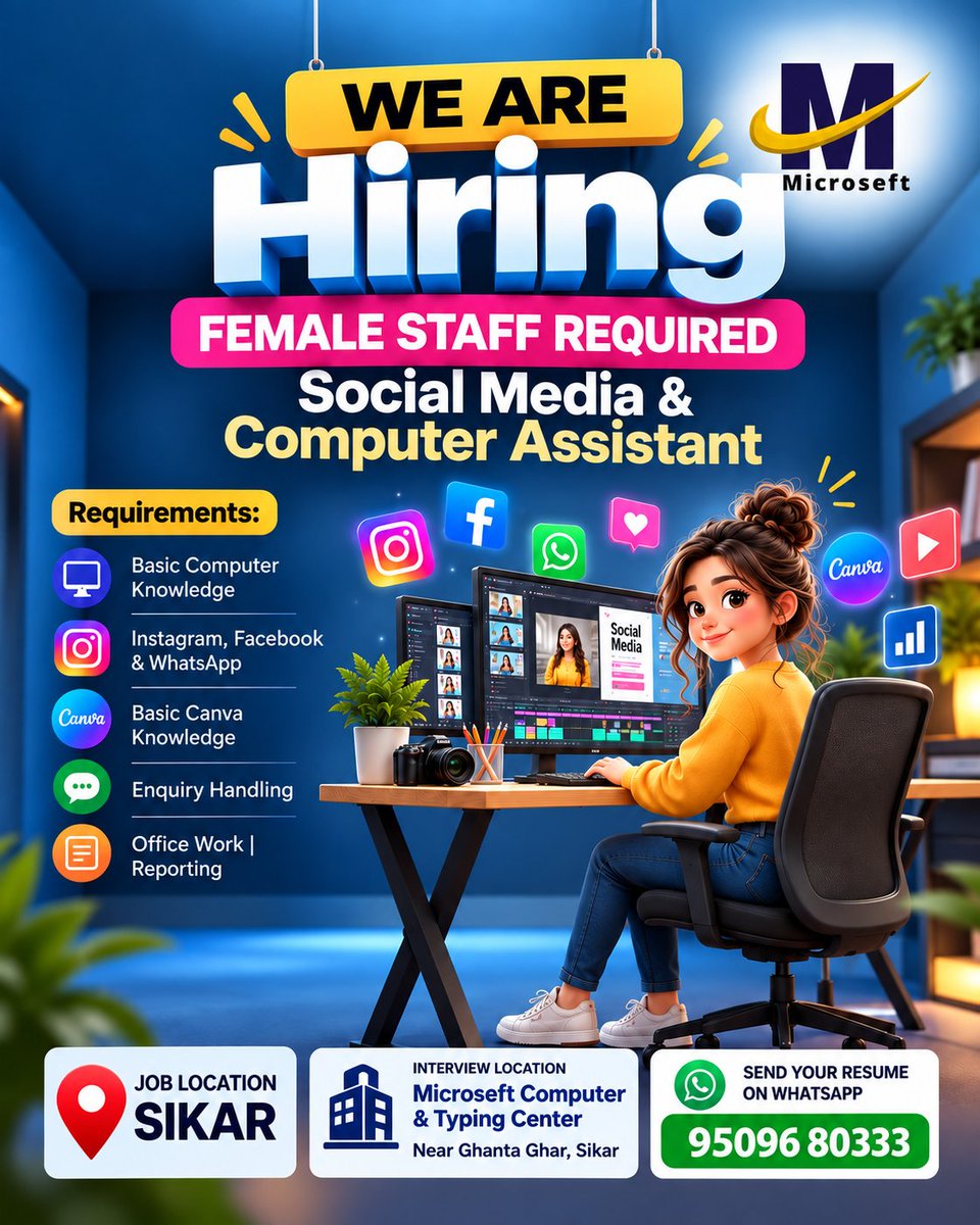 JobinSikar's tweet photo. Sikar me computer + social media skills ke saath job opportunity dhoondh rahi hain? 
Basic Computer, Instagram/Facebook/WhatsApp, Basic Canva, enquiry handling aur office reporting ki knowledge honi chahiye.
📍 Job Location: Sikar
📩 Resume WhatsApp: 095096 80333
#SikarJobs https://t.co/ybiHUjktO0