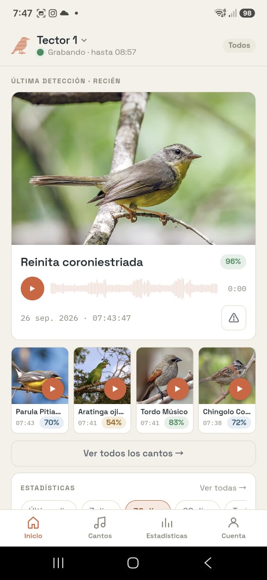 GaboMindlin's tweet photo. Feliz con el Tector, la estacion autonoma para monitorear especies aviares por su canto! Te bajas nuestra app, y seguis en tiempo real que especie esta cantando cerca de tu Tector. Se alimenta con un panel solar, asi que lo instalas, y te olvidas... hasta que abris la app! Grandes Diego Arroyo y Tomas Gold, alumnos de @Exactas_UBA que se re pusieron la 10 con este proyecto.