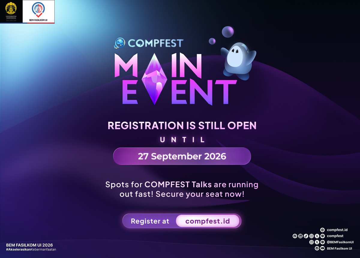 COMPFEST's tweet photo. THE WAIT IS ALMOST OVER! 🔥

Tinggal 1 hari lagi menuju Main Event COMPFEST 18! Bersiap untuk menikmati berbagai rangkaian acara yang sudah menanti, mulai dari COMPFEST Talks, Playground at Main Event, hingga CV Clinic. 

📅 Minggu, 27 September 2026
⏰ 10.00–17.00 WIB
📍 Fakultas Ilmu Komputer, Universitas Indonesia

Sudah siap jadi bagian dari keseruan Main Event COMPFEST 18? 👀

Daftarkan dirimu sekarang secara GRATIS di:
https://t.co/iyKGi9nuDV

See you tomorrow, TechOvers! 🌟

@COMPFEST
https://t.co/KP6KwxGKnc
#COMPFEST18
#EncloseTheGap