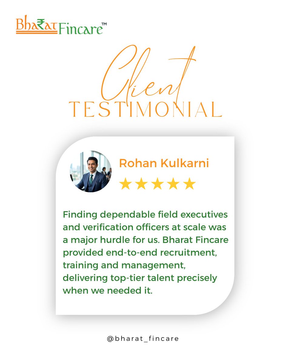 Bharatfincare's tweet photo. Great partnerships are built on trust.
Bharat Fincare helps businesses build dependable teams through recruitment, training & workforce management.
Thank you, Rohan Kulkarni, for your trust!
#BharatFincare #ClientTestimonial #WorkforceManagement #Fintech https://t.co/IJRs7QheUI