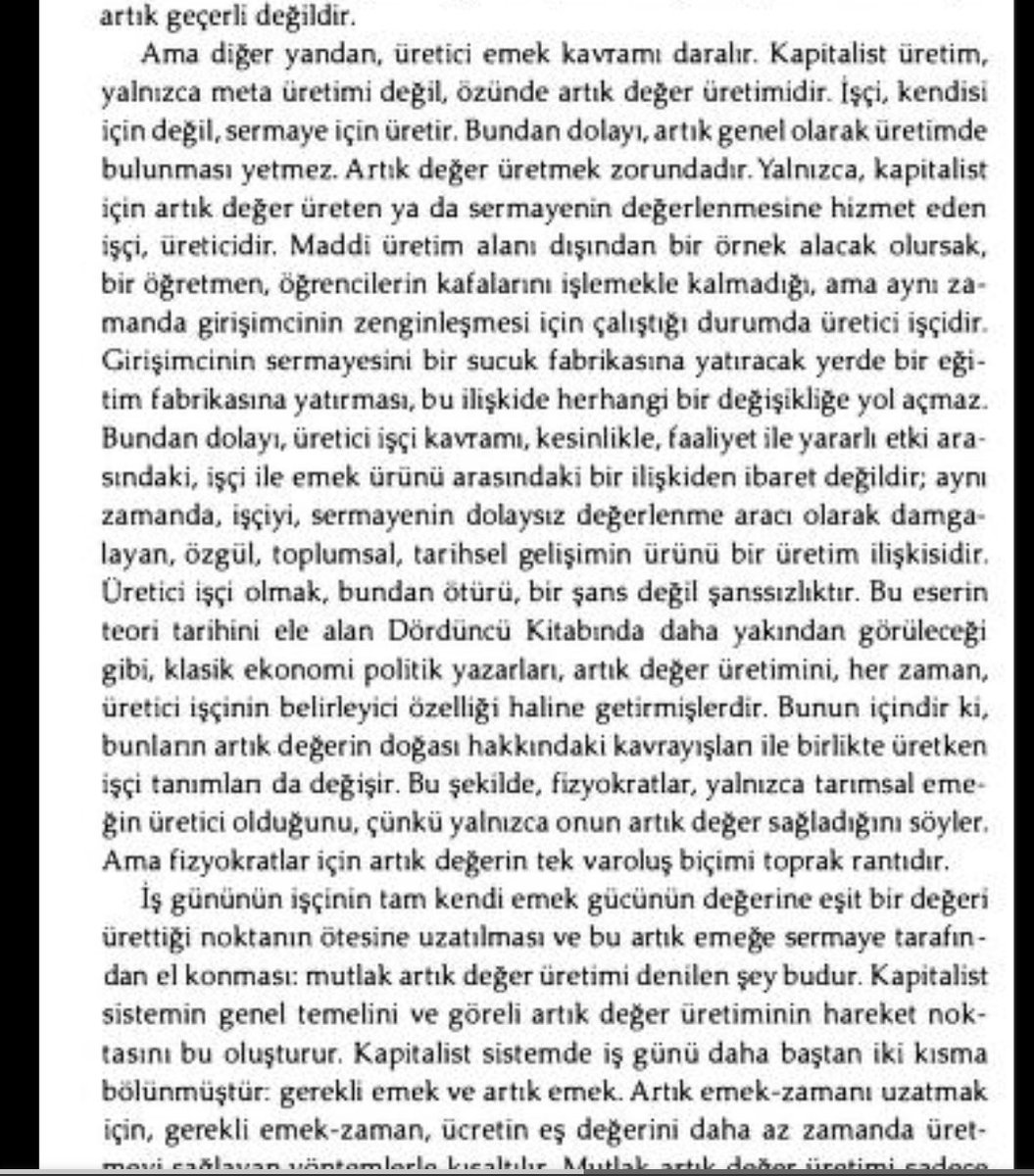 lettertotrotski's tweet photo. "Maddi üretim alanı dışından bir örnek alacak olursak, bir öğretmen, öğrencilerin kafalarını işlemekle kalmadığı, ama aynı zamanda girişimcinin zenginleşmesi için çalıştığı durumda üretici işçidir. Girişimcinin sermayesini bir sucuk fabrikasına yatıracak yerde bir eğitim+++ https://t.co/gwp9D5NkQr