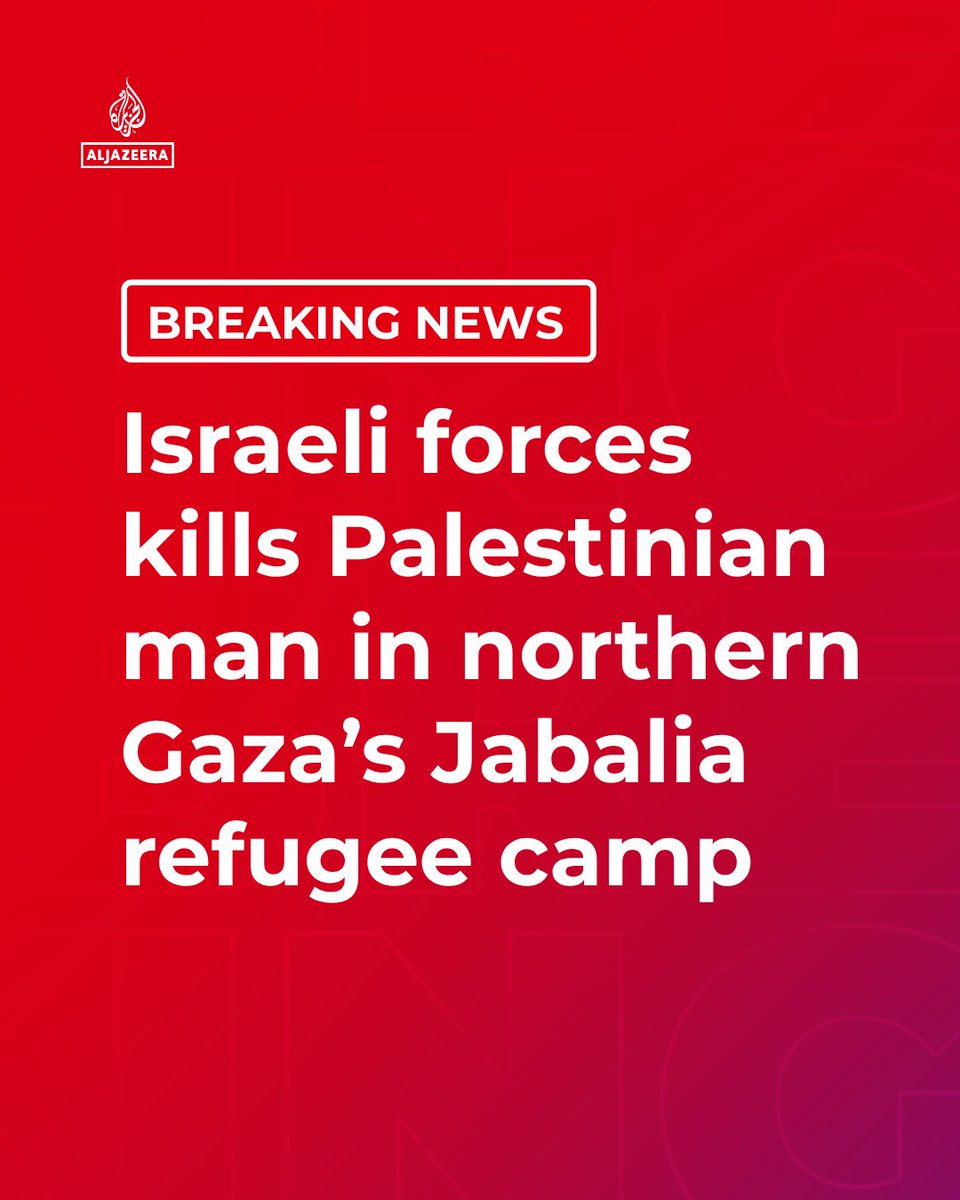 AJEnglish's tweet photo. BREAKING: A Palestinian man has been shot dead by Israeli forces in the Jabalia refugee camp in northern Gaza, according to the Wafa news agency.

🔴 LIVE updates: https://t.co/TxrbtBqbTK https://t.co/xnigvAmDMn