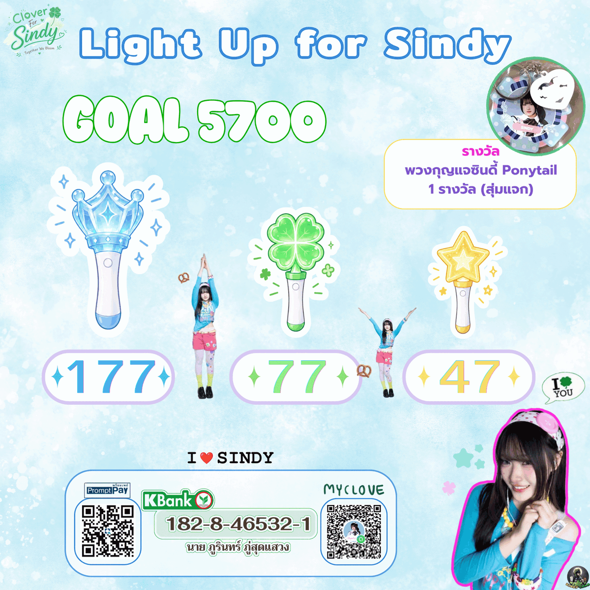 SindyBnk48_THFC's tweet photo. [🍀✨] #CloverForSindy
Bloom # 26 — Light Up for Sindy

✨ มาร่วมซื้อแท่งไฟให้ซินดี้กัน!

ร่วมกิจกรรม
🩵 CROWN LIGHT — 177 THB
🍀 CLOVER LIGHT — 77 THB
⭐ STAR LIGHT — 47 THB

🎯 เป้าหมาย 5,700 THB

🎁 ของรางวัล
🍲 พวงกุญแจซินดี้ Ponytail 1 รางวัล
🎟️ 47 THB = 1 สิทธิ์

📅 ระยะเวลากิจกรรม
วันนี้ – 2 ตุลาคม 2569 เวลา 23.59 น.

🏦 ช่องทางการโดเนท
K Bank: 182-8-46532-1
ภูรินทร์ ภู่สุดแสวง

#SindyBNK48
#BNK48CGM48_GE2026