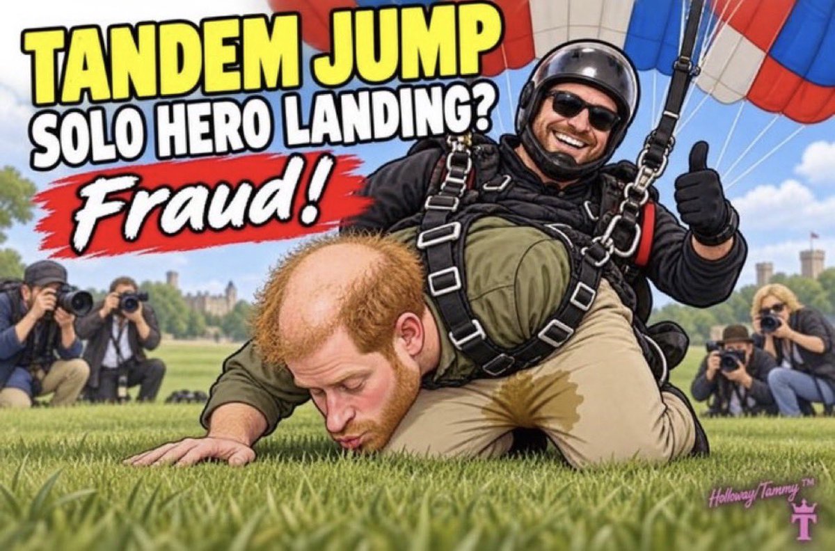 duchess_salty's tweet photo. Prince Harry is officially a COWARD. 

Normal people do SOLO jumps on a static line at 1500 feet. After you’ve done 15 jumps you can move up to freefall. 

Tandems are usually reserved for the elderly and disabled people. 

I have NEVER (in all my 40 years of skydiving) have I EVER seen anyone kiss the drop zone. 🙄

Hollywood Harry seems intent on HUMILIATING himself. He’s a performative clown ‘hamming it up’ for the cameras 🤭