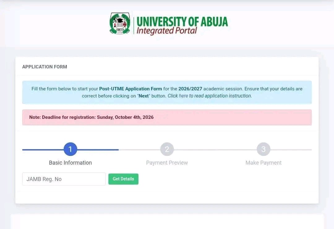 jambhelp1's tweet photo. 🎯 IMPORTANT UPDATE!

🎓 UNIVERSITY OF ABUJA 2026/2027 POST-UTME APPLICATION HAS BEEN REOPENED!

The University of Abuja Post-UTME application portal is currently reopened, and the new deadline for registration is:

📅 Sunday, 4th October, 2026 https://t.co/ua8rM8iJbI