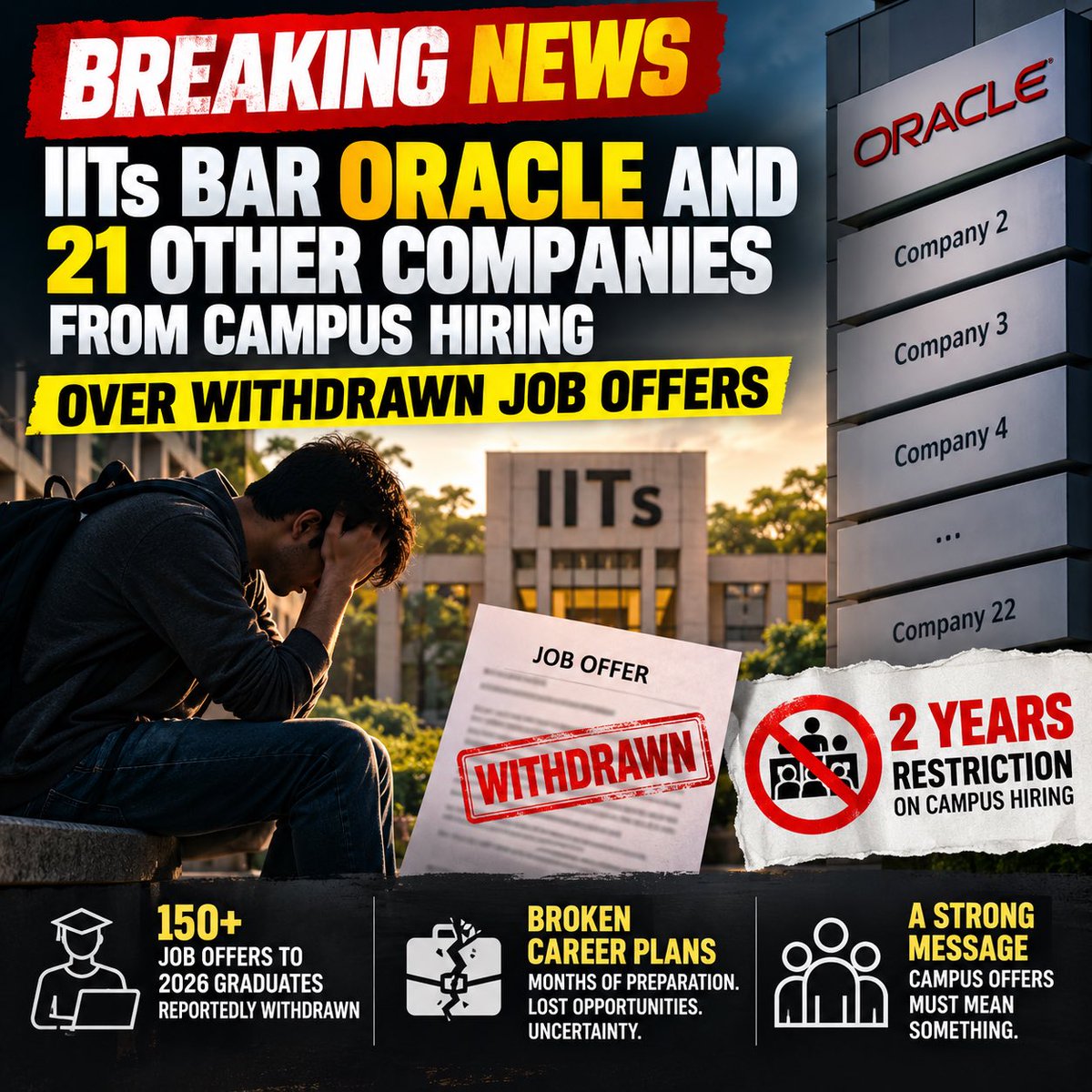 bhaskarkumarv's tweet photo. 🚨 BREAKING: IITs TAKE A TOUGH STAND ON WITHDRAWN JOB OFFERS

IITs are set to stop cooperating with Oracle and 21 other companies for the next TWO placement seasons after 150+ job offers to 2026 graduates reportedly went unhonoured. (India Today)

🎓 For students, a job offer isn’t just paperwork — it’s months of preparation, career planning and a future they’ve started building around that commitment.

When companies withdraw offers, students are left to bear the uncertainty.

This time, IITs are sending a clear message: campus offers must mean something.

#BreakingNews #IIT #CampusPlacements #Students #Jobs #Oracle #India