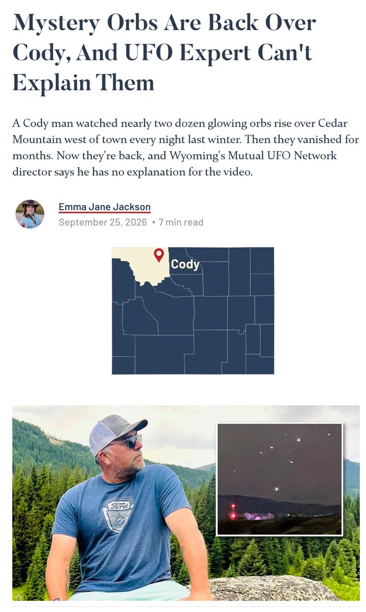 Kabamur's tweet photo. Man records fleets of orbs emerging from Cedar Mountain near Cody, Wyoming, every night from November to February.

They just returned this week.

They're not aircraft or satellites.

“Small drones, they got maybe a 30-minute flight time... these things were up there for two-and-a-half, almost three hours.”

The real UFO experts know Galactic Federation is intentionally revealing the location of one of their hundreds of bases. 

Via Cowboy State Daily