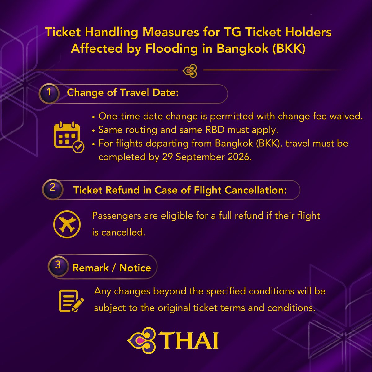 ThaiAirways's tweet photo. THAI assists passengers affected by flooding in Bangkok & surrounding areas.
For passengers departing from BKK (26–29 Sep 2026):
• 1 date change permitted (change fee waived, same routing/class)
• New travel date must be completed by 29 Sep 2026
Please allow extra travel time to the airport & check flight status at https://t.co/RstGvSpj68 or call +66 2 356 1111 (24 hrs).
#ThaiAirways #TravelUpdate #BKKAirport