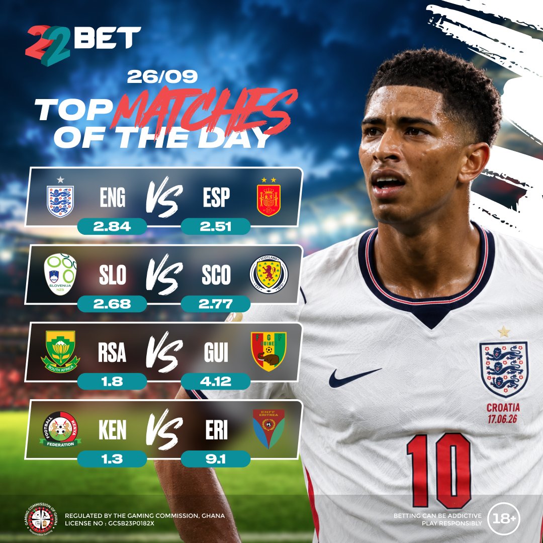 22bet_ghana's tweet photo. ⚽🔥 TOP MATCHES ARE LOADED! 👀

England 🏴󠁧󠁢󠁥󠁮󠁧󠁿 vs Spain 🇪🇸, Slovenia 🇸🇮 vs Scotland 🏴󠁧󠁢󠁳󠁣󠁴󠁿, plus more big international clashes! 🌍🔥

Which match are you backing today? 🎯👇🏾
👉🏾 Check the odds &amp; make your pick: https://t.co/02OceVV7OJ

#22BetGhana #Football #TopMatches #Ghana https://t.co/HIFBer8amb