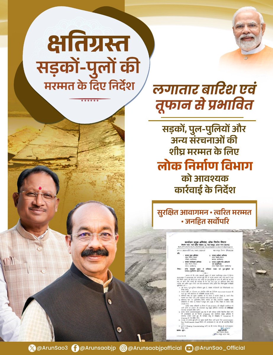 ArunSao3's tweet photo. अचानक हुई भारी बारिश से क्षतिग्रस्त सड़कों को लेकर PWD अधिकारियों को तत्काल सुधार कार्य शुरू करने के निर्देश दिए हैं।

जनसुरक्षा और सुगम आवागमन हमारी सर्वोच्च प्राथमिकता है। क्षतिग्रस्त सड़कों एवं पुल-पुलियों की शीघ्र मरम्मत सुनिश्चित करने के लिए विभाग को आवश्यक कार्रवाई के निर्देश दिए हैं।