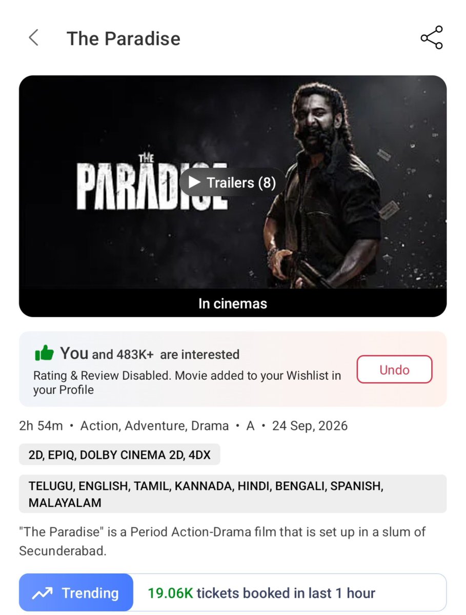 DhonifiedRebel's tweet photo. 19K/hr in BMS almost 20k after that talk peaks.
#TheParadise especially telangana dists and hyderabad on overdrive today night shows 
⌛Next tweet thread https://t.co/GvfjHso5la