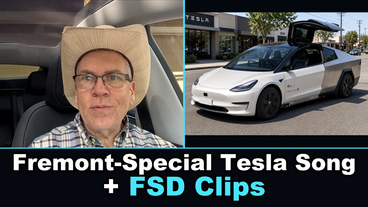 A thumbnail showing a man wearing a tan pillow on his head in a car next to a white Tesla Cybertruck, with text reading 'Fremont-Special Tesla Song + FSD Clips'.