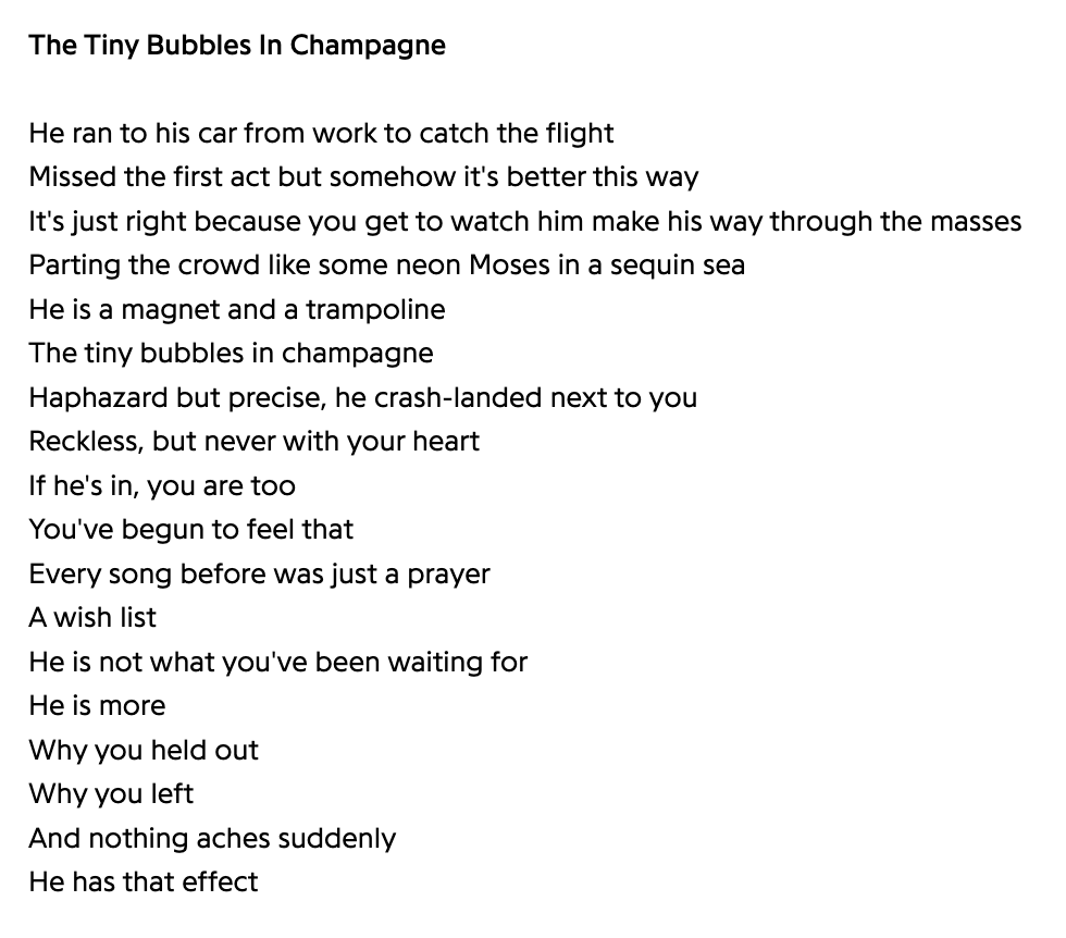TimesSwift's tweet photo. 🔙 | "The Tiny Bubbles in Champagne" poem, which came with the vinyl variant of the same name. https://t.co/vtIhmppy2S