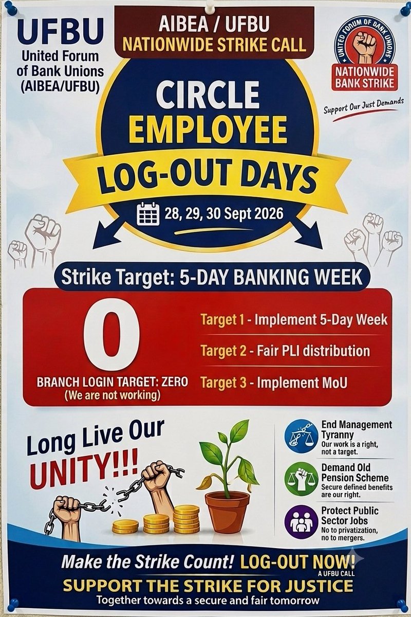 anandrathore3's tweet photo. #5DayWeekandFairPLI
Log Out Days : 28, 29 and 30 Sep.

UNITED FORUM OF BANK UNIONS https://t.co/jc8yVZgliw