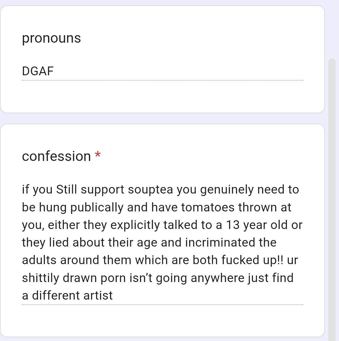 boundryconfess's tweet photo. - souptea
honestly i tgink if people are still supporting soup theyre eithee p3/d0s themselves or current victims of so/up cause as a victim of gro/oming my gr0/0mer had made anyone telling me theyre bad seem like villians so i trust them more https://t.co/flGl8qJ6kZ