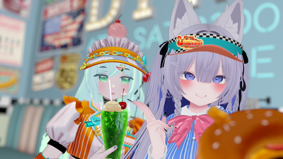 chobomaru_vrc's tweet photo. 途中からだけど参加できた！！

ワールド自体がめっちゃいいフォトスポットになってて神でした！

一緒に写真撮ってくれた人達ありがとう！！！！！！！！

 #ダイナー改変集会 https://t.co/PsqFGk2Q5Z