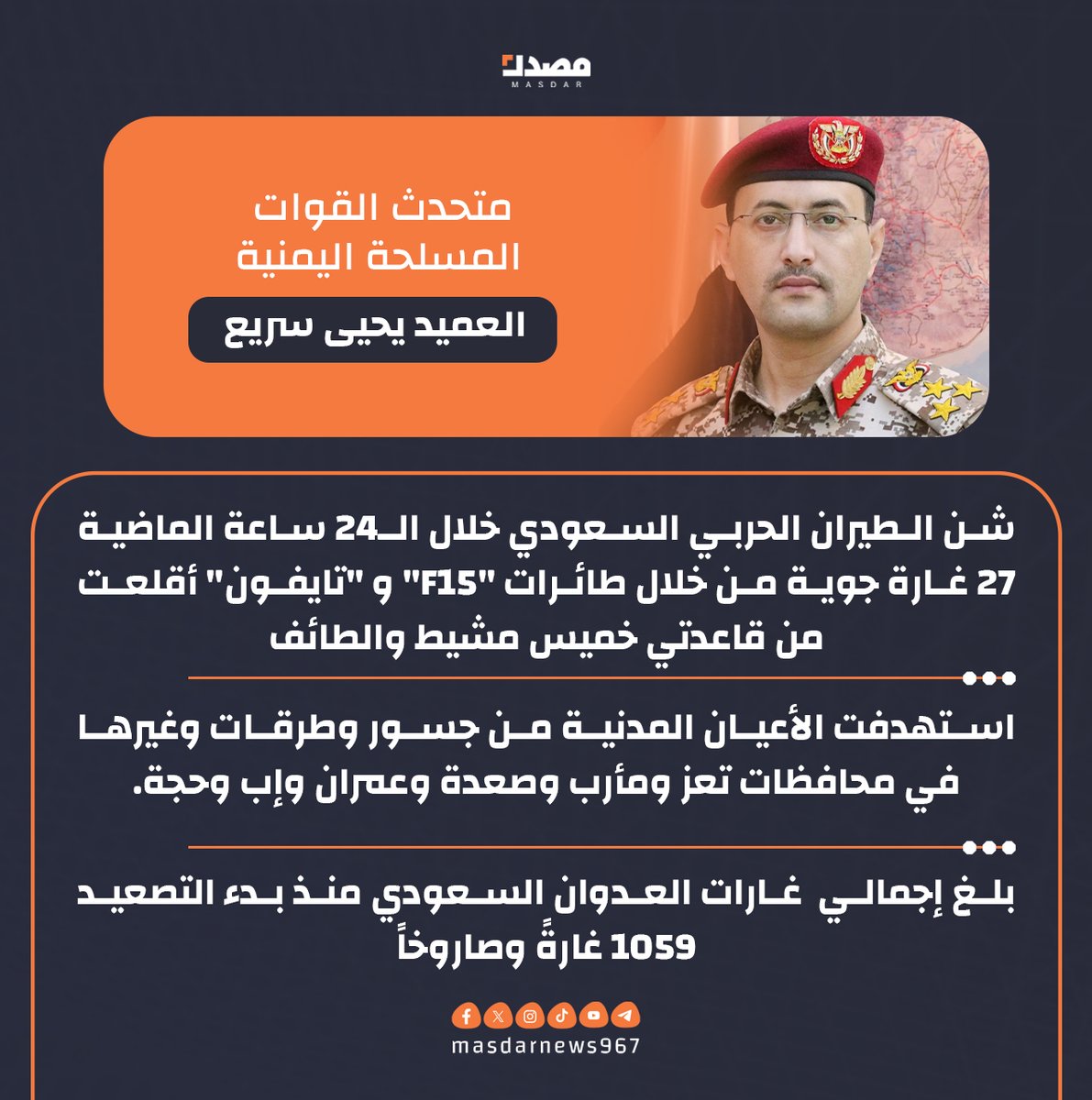 alayimanyamana's tweet photo. متحدث القوات المسلحة اليمنية، العميد يحيى سريع: شن الطيران الحربي السعودي خلال الـ24 ساعة الماضية 27 غارة جوية من خلال طائرات "F15" و "تايفون" أقلعت من قاعدتي خميس مشيط والطائف

#التصعيد_بالتصعيد
https://t.co/DzSk4uR8KI