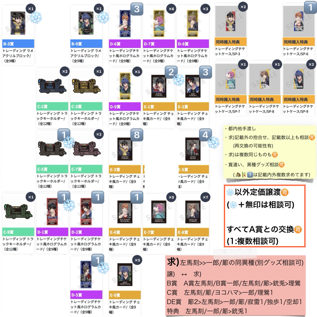 Marie_8085's tweet photo. 【交換】
ヒプノシスマイク ヒプマイ KINGくじ オンラインくじ 9th Anniversary A賞 B賞 C賞 D賞 E賞 特典

譲)二郎/三郎/左馬刻/銃兎/理鶯/乱数/幻太郎/帝統

求)
同異種 左馬刻>一郎/簓/他(画像記載)
定価譲渡

A賞左馬刻との異種交換も探し中🙇🏼‍♀️
比率違い相談

都内他手渡し
⚠️DMは取引垢にて https://t.co/eHKX6rNYV1