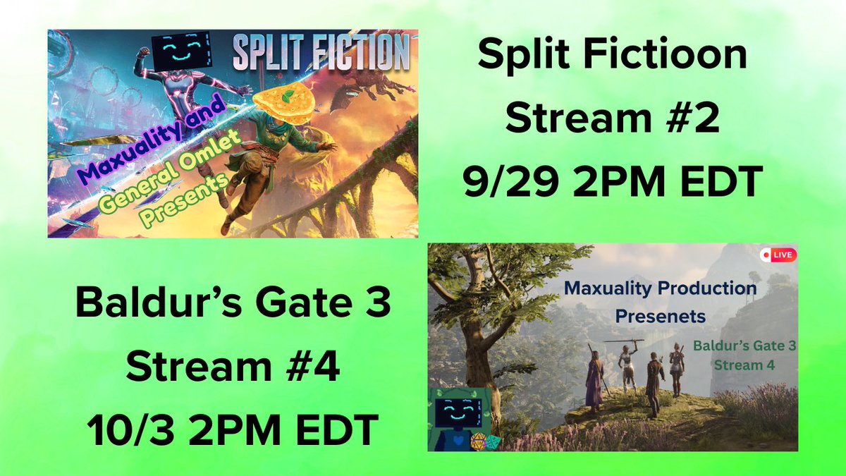 Maxuality1's tweet photo. https://t.co/rh4gJbGDKo

Streams for next week are scheduled! Click the Notify me button on Youtube so you don't forget! We will be slaughtering some Goblins and being bad at platformers on stream next week, Hope to see you there <3 https://t.co/9TflTQD0yI