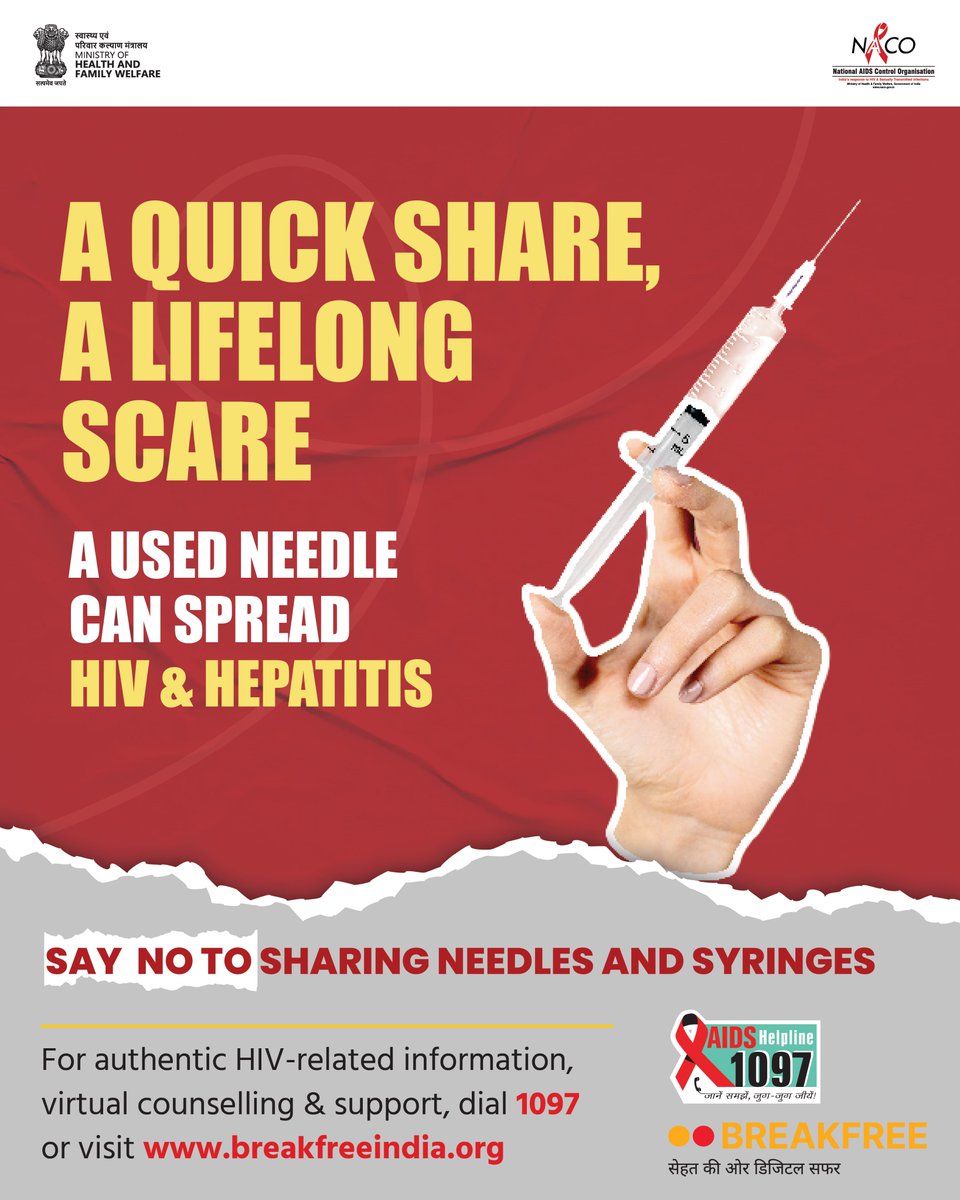 NACOINDIA's tweet photo. Some things are meant to be shared. Needles aren’t.

Sharing needles, even once, can put you at risk of HIV and hepatitis.

If you’ve ever shared a needle, don’t ignore the risk. Go for HIV testing and take the necessary steps to protect your health. https://t.co/4O7cOQ1aYW