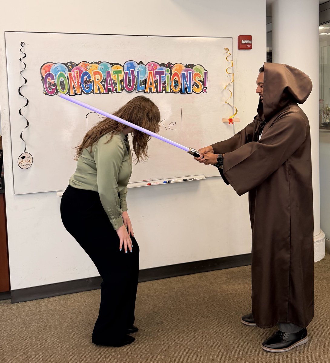 ParasramLab's tweet photo. Cheers to Dr. Alana Duke! The fourth Jedi Knight of the
@ParasramLab! Dr. Duke will pursue her postdoctoral studies at Northwestern University with the
@kalowlab! May the force be with you! https://t.co/MnDjFMujUV
