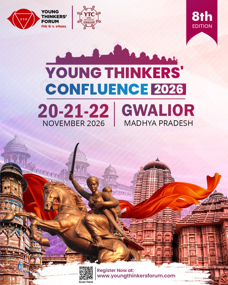 YTFbhopal's tweet photo. ♾️ THE WAIT IS OVER.
The official poster of Young Thinkers’ Confluence 2026 is here.
After seven editions of ideas, conversations and perspectives, the 8th Edition now takes shape in Gwalior.
📍 Gwalior, Madhya Pradesh
📅 20–21–22 November 2026
#YTC26 https://t.co/pXnEayCUkE
