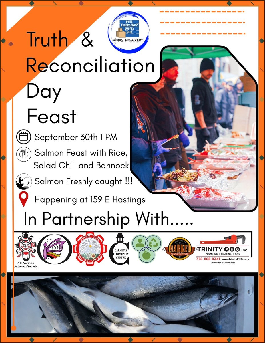DtesHub138's tweet photo. Truth and Reconciliation day Feast is happening at the Belmoral lot. 

Grab a salmon plate on September 30th at 1 pm. 159 E hastings st. 

@sarahblyth @oddfellowsent @rusmaynard https://t.co/Vn7jYUxb9m