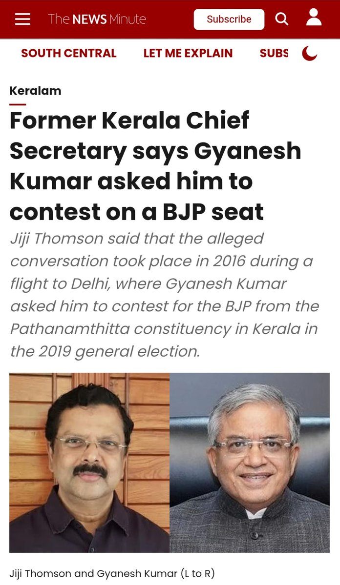 INCIndia's tweet photo. 𝐀 𝐒𝐇𝐎𝐂𝐊𝐈𝐍𝐆 𝐑𝐄𝐕𝐄𝐋𝐀𝐓𝐈𝐎𝐍 𝐀𝐁𝐎𝐔𝐓 𝐆𝐘𝐀𝐍𝐄𝐒𝐇 𝐊𝐔𝐌𝐀𝐑

Former Kerala Chief Secretary Jiji Thomson has revealed that in 2016, Gyanesh Kumar asked him to contest elections on a BJP ticket.

According to Thomson, in 2016, while the two were travelling together to Delhi, Gyanesh Kumar asked him about his plans after retirement.

When Thomson said he had no specific plans, Gyanesh Kumar suggested that he contest the 2019 Lok Sabha election from Pathanamthitta on a BJP ticket.

The offer did not stop there. “Become an MP and then you will become a minister too,” Thomson says Gyanesh Kumar told him.

Thomson says he immediately refused, but Gyanesh Kumar continued trying to persuade him to enter politics. Gyanesh Kumar also spoke about the growing popularity of Prime Minister Modi in Kerala.

This raises serious questions:

❓ Why was Gyanesh Kumar making such an offer?
❓ On whose authority was he speaking?

Today, Gyanesh Kumar is at the helm of the institution entrusted with conducting India's elections.

Do you think he can conduct impartial elections?

No way!!!

Deshdrohi Gyanesh Kumar Should Be Arrested!!!