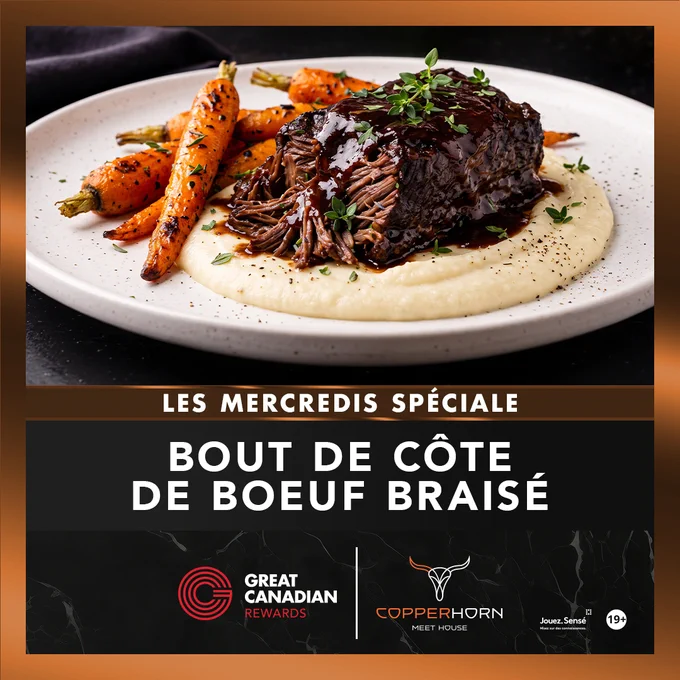 Mercredi : spécialité de côtes courtes braisées chez Copperhorn, réservée exclusivement aux membres du programme Great Canadian Rewards.