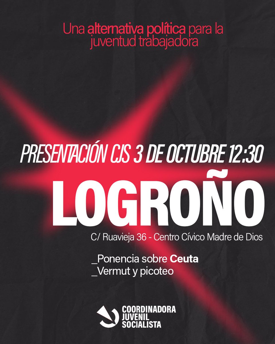 cjs_larioja's tweet photo. Construir la alternativa 🚩

El próximo sábado 3 de octubre, presentamos la Coordinadora Juvenil Socialista en Logroño. Venimos con una nueva propuesta política para la juventud trabajadora. https://t.co/gl0MdVjkeX