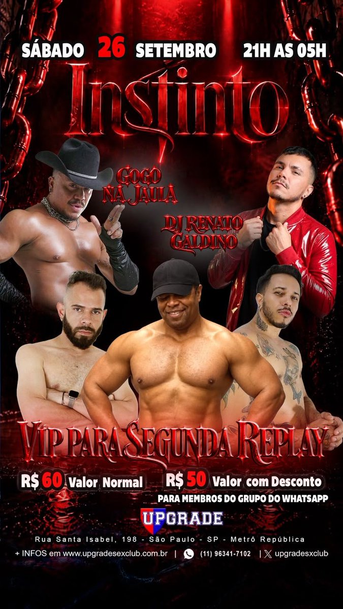 upgradesxclub's tweet photo. Hoje tem....

INSTINTO

Sábado 26/09
21h as 05h

Quando o instinto  fala mais alto é impossível domesticar o tesão.

🔥Upgrade Boys 00:30h
🔥Gogo na Jaula
🎧Renato Galdino

 @galdinore 
@EvertonOlimkdh 
@jordan5207411 
@Mr_Felixxx 

https://t.co/CWkb1F2QQ6 https://t.co/7ok8JU3vxI