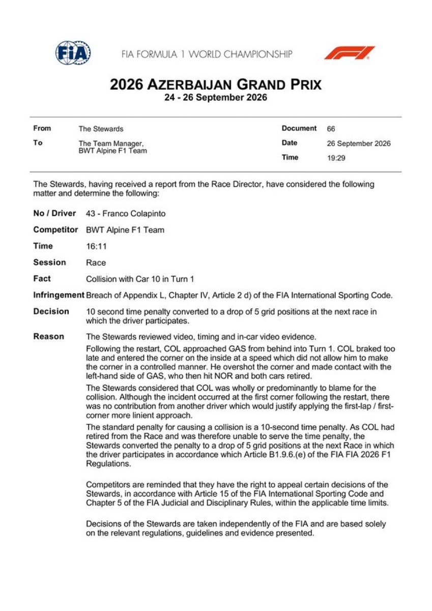 RaceLineFR's tweet photo. FORMULE 1

🚨Franco COLAPINTO a été pénalisé de 10 secondes suite à l’accrochage qu’il a provoqué à premier virage à la relance, cette pénalité sera transformé en 5 places de pénalité pour le prochain Grand Prix en Malaisie à Sepang

#F1 #FIA #AzerbaijanGP https://t.co/AszRLGXIVg