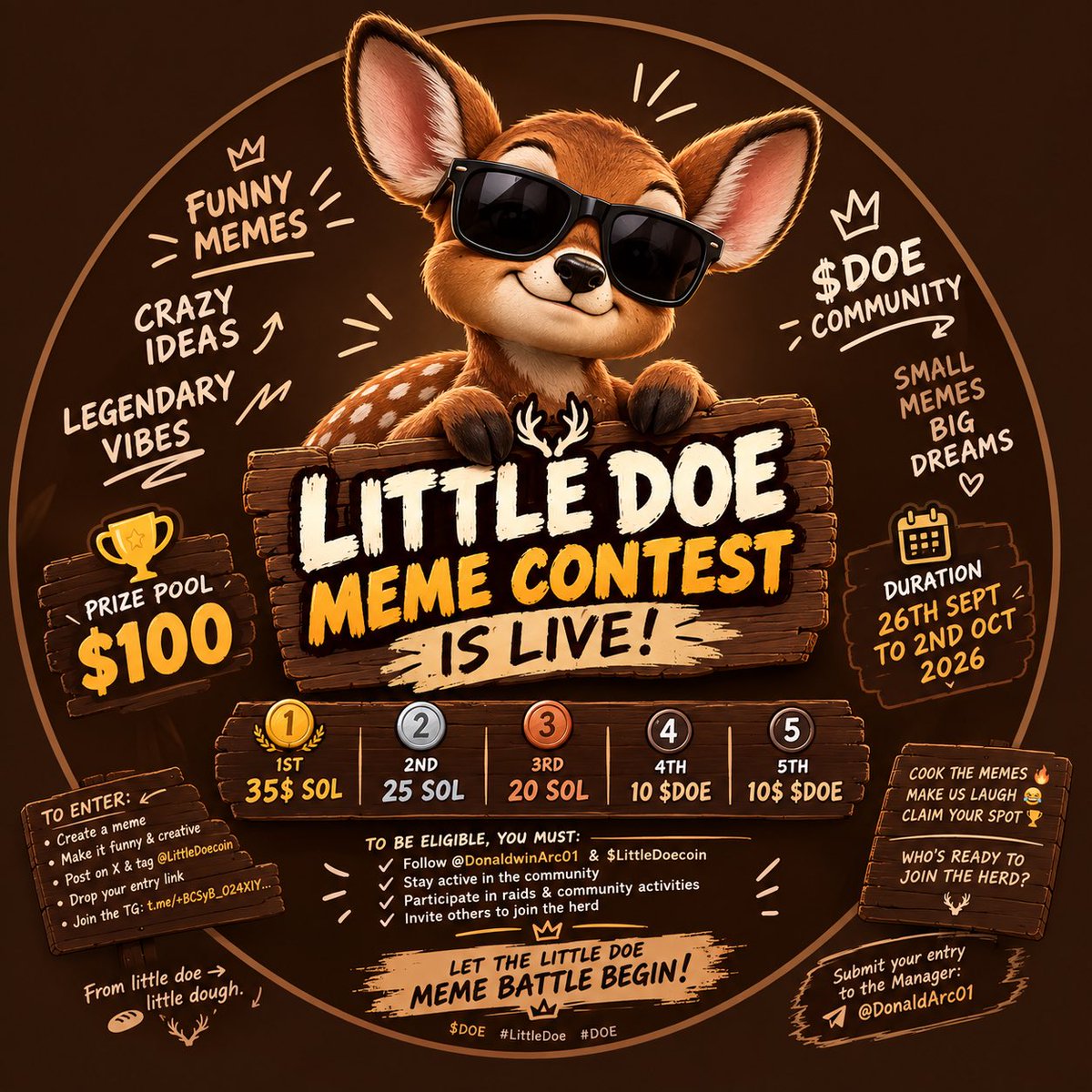 DonaldwinArc01's tweet photo. 🦌🔥 LITTLE DOE MEME CONTEST IS LIVE! 🔥🦌

Think you can create the FUNNIEST, CRAZIEST, MOST LEGENDARY $DOE meme? 👀

🏆 PRIZE POOL: 100$ 
⏳ DURATION: 26th to 2nd oct 2026 

🥇 1st — 35$ SOL
🥈 2nd — 25 SOL
🥉 3rd — 20 SOL
4️⃣ 4th — 10 $DOE
5️⃣ 5th — 10$ $DOE

HOW TO ENTER:

🦌 Create your BEST $DOE / Little Doe meme
😂 Make it funny & creative

Post 
Tag: @LittleDoecoin and @DonaldwinArc01 

Drop your entry link under this post

Join the Little Doe Telegram: https://t.co/ay9EIgnK0o
TO BE ELIGIBLE, YOU MUST:
•Follow @DonaldwinArc01 and @LittleDoeCoin 

• Stay active in the community

• Participate in raids & community activities
• Invite others to join the herd 🦌

LET THE LITTLE DOE MEME BATTLE BEGIN! 🦌⚔️

COOK THE MEMES 🔥
MAKE US LAUGH 😂
CLAIM YOUR SPOT 🏆

WHO’S READY TO JOIN THE HERD? 🦌🌱

Submit your entry to the Manager: @DonaldArc01

From little doe → little dough. 

2 entries and then one main entry 

$DOE
#LittleDoe #DOE