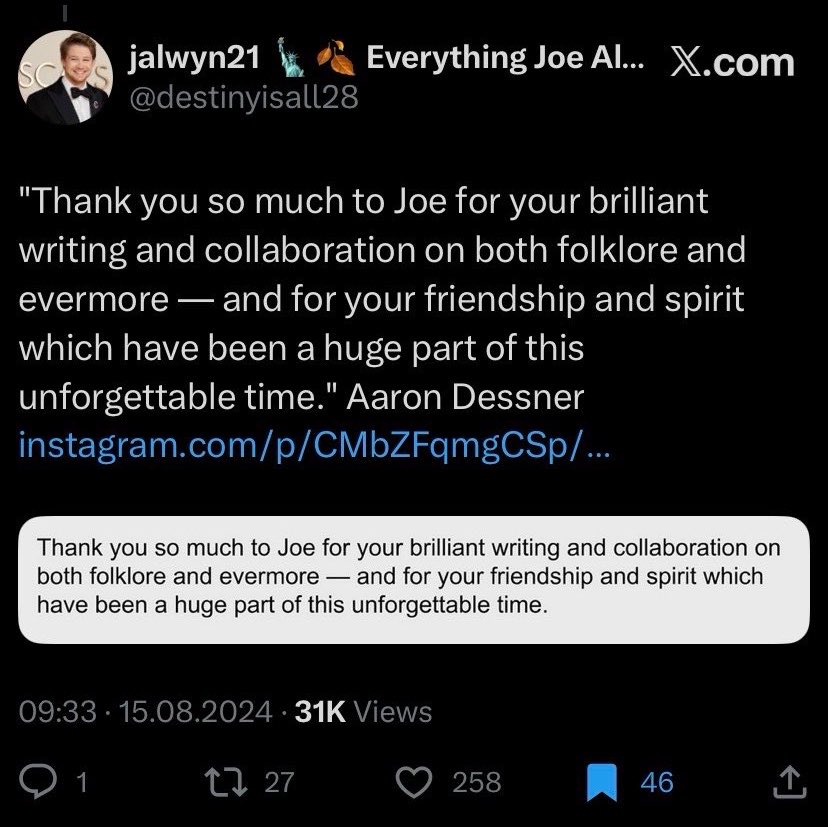 lvijeo's tweet photo. “Thank you so much to Joe for your brilliant writing and collaboration on
the folklore and evermore — and for your friendship and spirit which
have been a huge part of this unforgettable time” aaron dessner about joe alwyn https://t.co/vk8S60xoK8